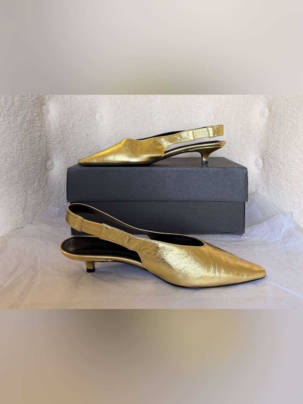 Massimo Dutti Metallic Gold Slingback Kitten Heel Pumps